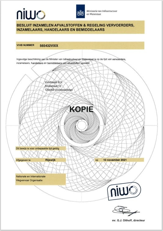 VIHB-certificaat: kopie model tot 2022-09-30